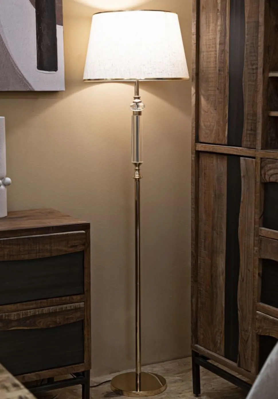 Lampadaire Praga Métal Doré Abat-jour Tissu Beige Bordure Dorée