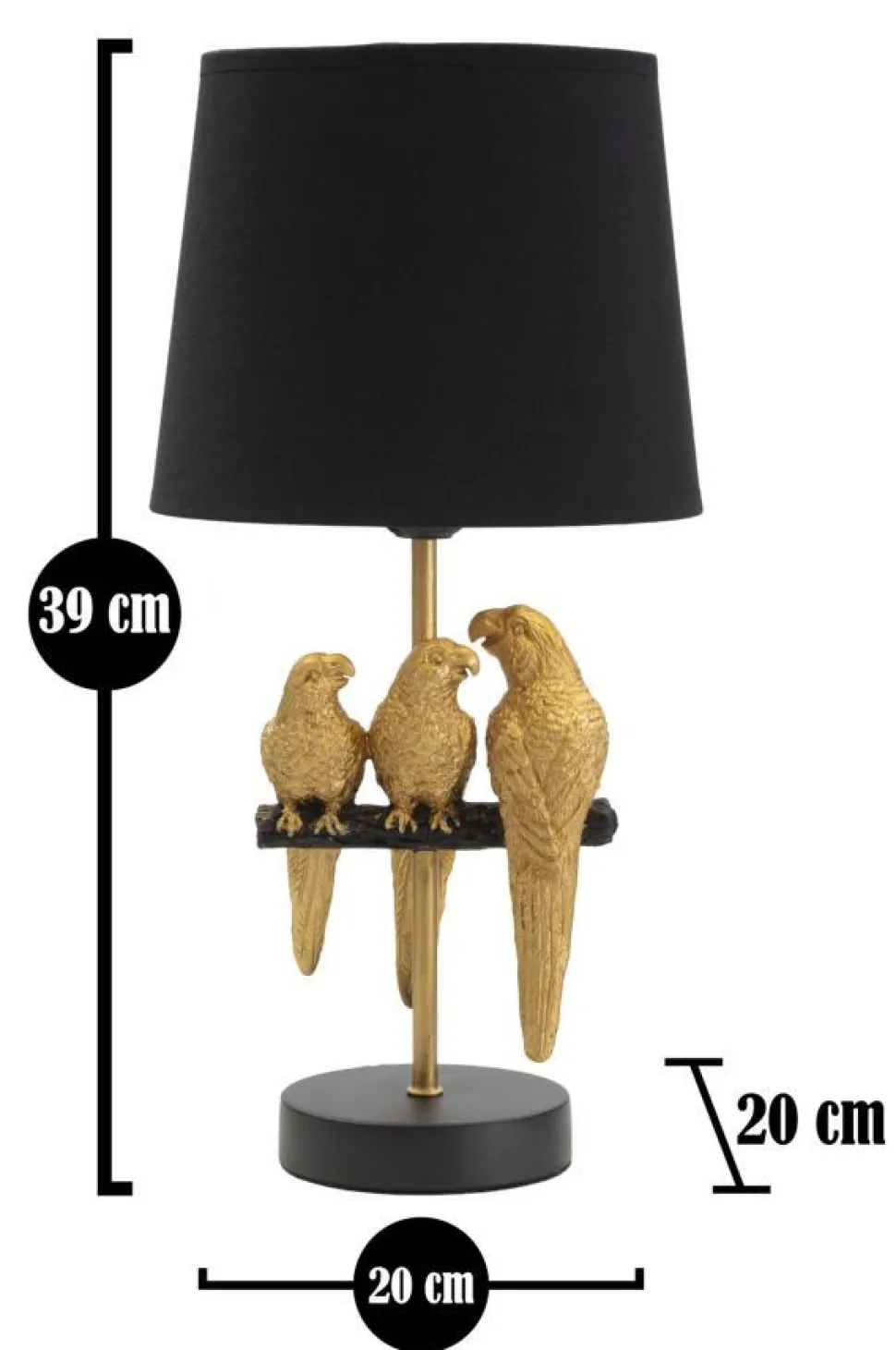Lampe de chevet Perroquets Métal Doré abat-jour Tissu Noir