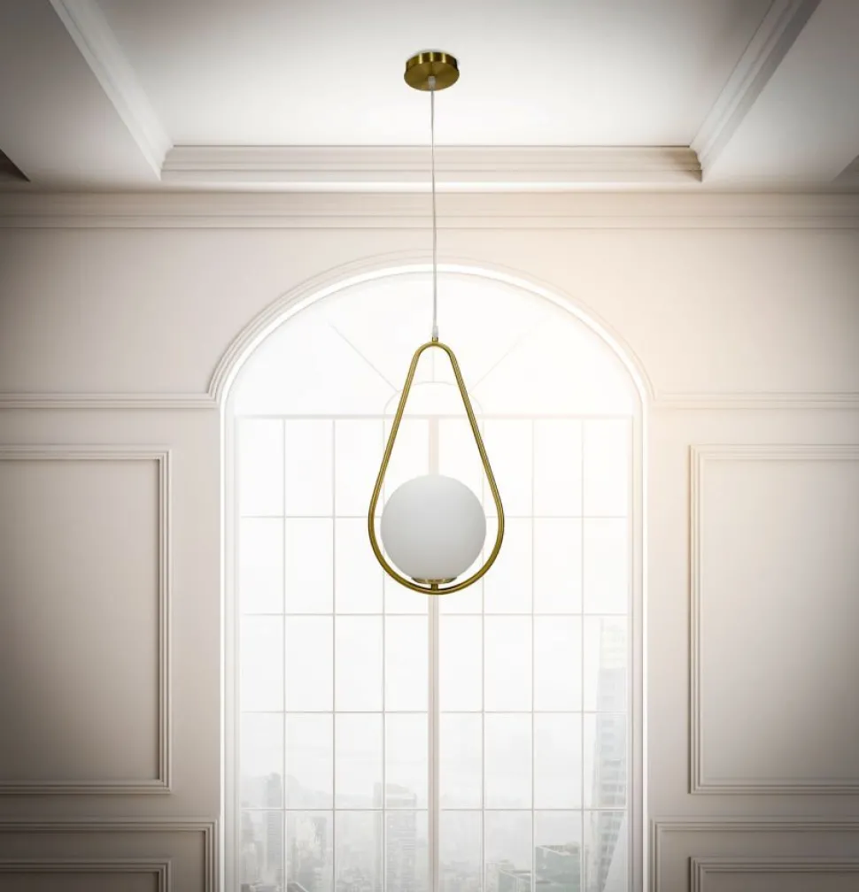 Lampe de plafond Glamy sphère en verre blanc et métal doré