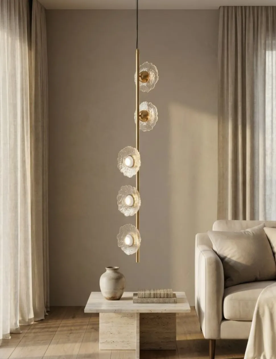 Lampe de plafond verticale Emily Verre transparent structure dorée