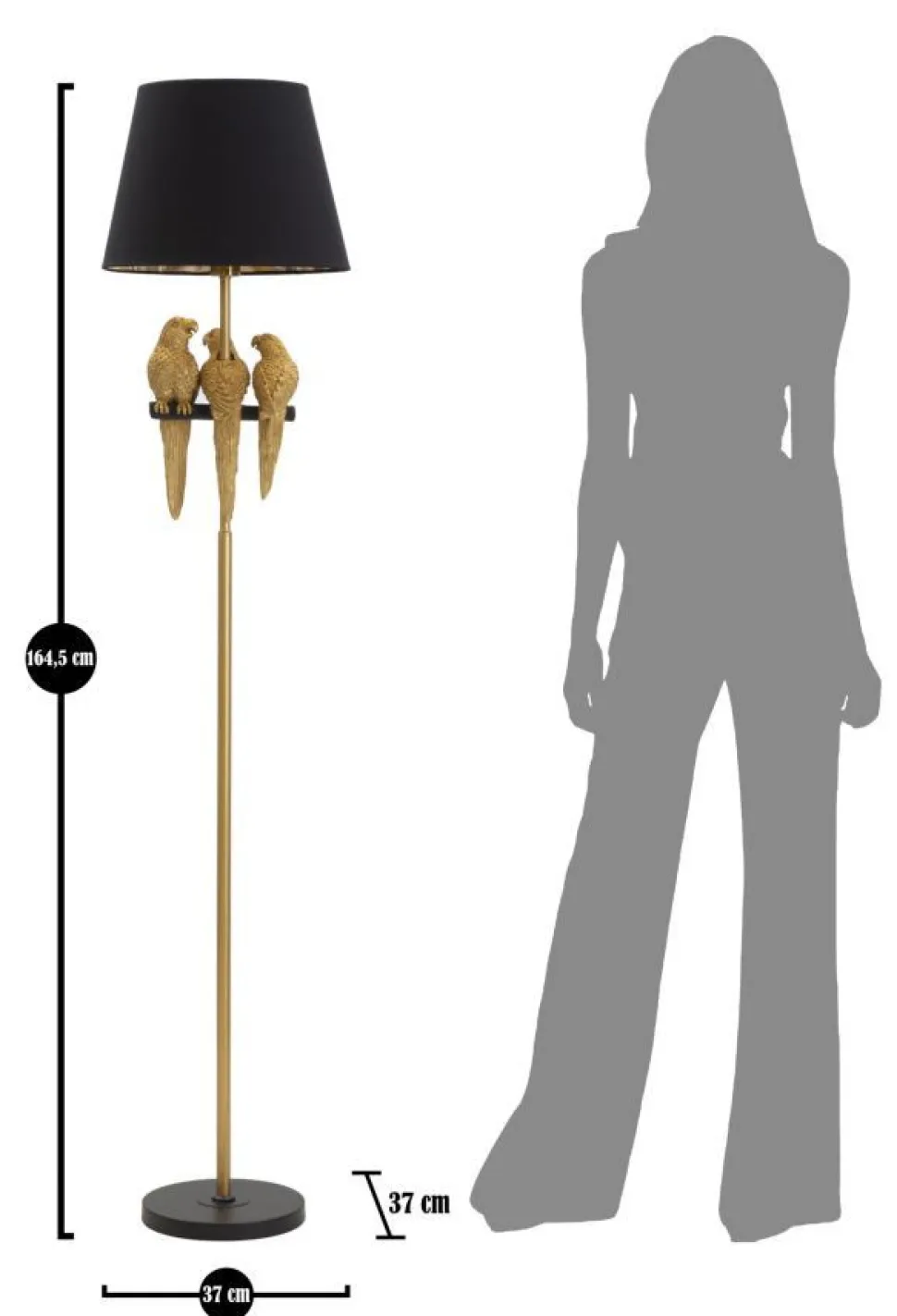 Lampe de sol dorée avec abat-jour en tissu noir et décor perroquets