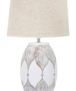 Lampe de table Athenes Polyrésine Blanc abat-jour Tissu Beige