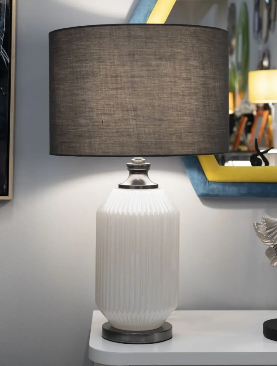Lampe de table Brighty Verre Blanc abat-jour Velours Gris