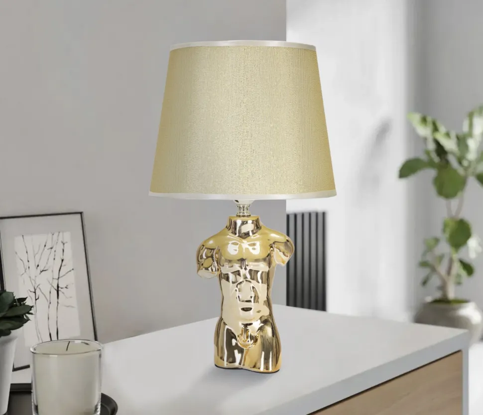 Lampe de table Buste d'homme Céramique Dorée abat-jour Tissu Beige