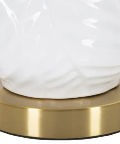 Lampe de table Céramique Blanche feuilles Dorées abat-jour Tissu Blanc bords Dorés