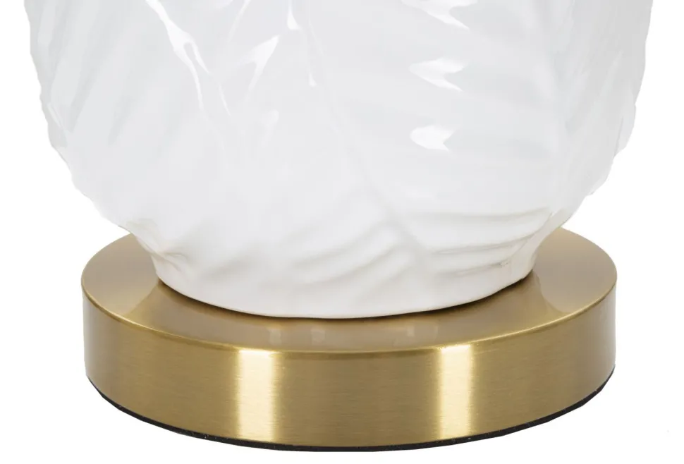 Lampe de table Céramique Blanche feuilles Dorées abat-jour Tissu Blanc bords Dorés