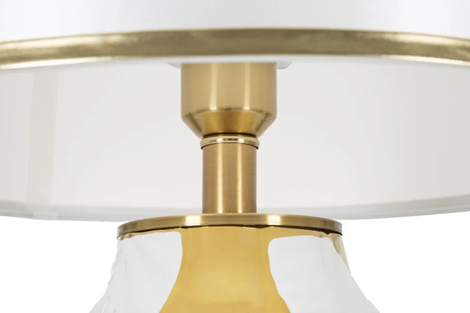 Lampe de table Céramique Blanche feuilles Dorées abat-jour Tissu Blanc bords Dorés