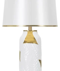 Lampe de table Céramique Blanche feuilles Dorées abat-jour Tissu Blanc bords Dorés