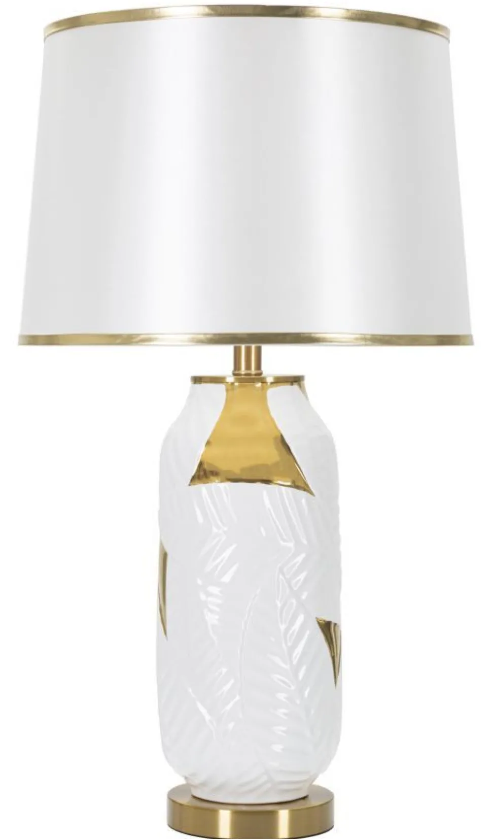 Lampe de table Céramique Blanche feuilles Dorées abat-jour Tissu Blanc bords Dorés