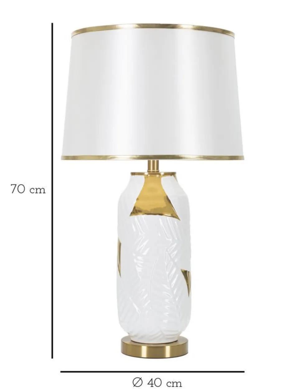 Lampe de table Céramique Blanche feuilles Dorées abat-jour Tissu Blanc bords Dorés