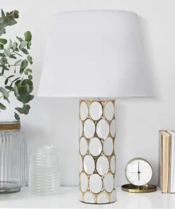 Lampe de table céramique blanche décorations dorées abat-jour tissu blanc