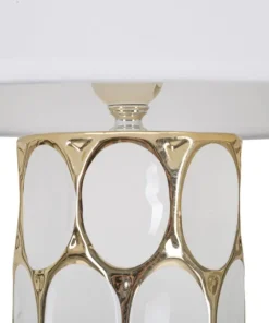 Lampe de table céramique blanche décorations dorées abat-jour tissu blanc