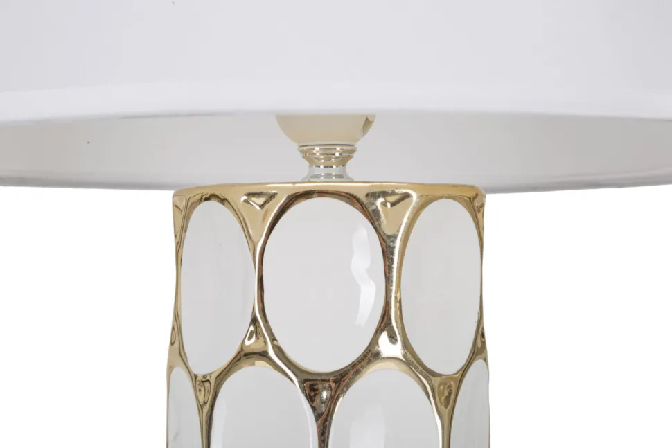 Lampe de table céramique blanche décorations dorées abat-jour tissu blanc