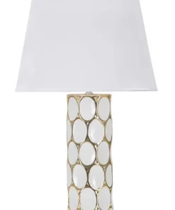 Lampe de table céramique blanche décorations dorées abat-jour tissu blanc