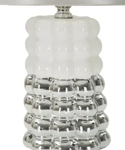 Lampe de table Céramique Blanche et Argentée Abat-jour Tissu Argenté