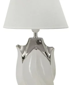 Lampe de table céramique blanche et grise abat-jour tissu blanc