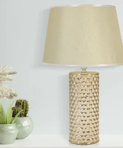 Lampe de table céramique dorée abat-jour tissu blanc