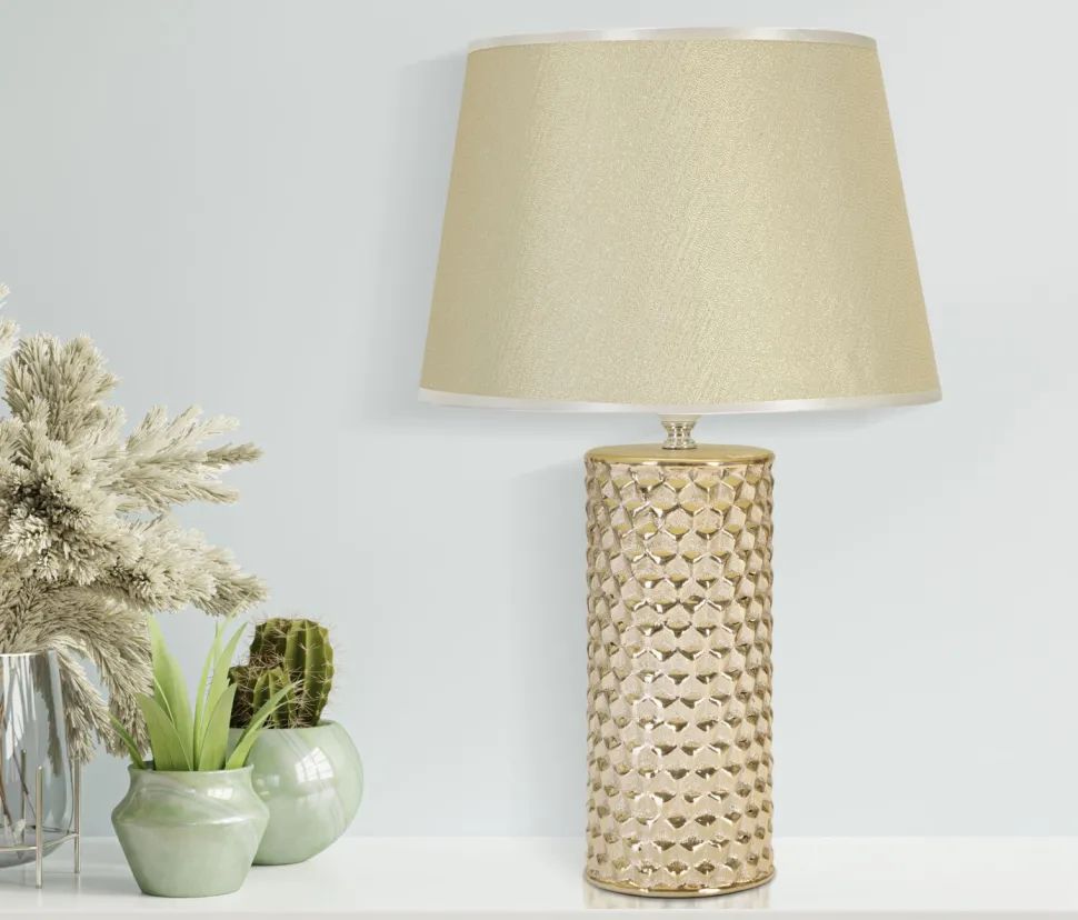 Lampe de table céramique dorée abat-jour tissu blanc