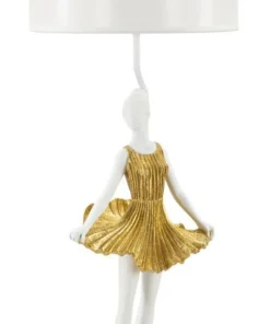 Lampe de table Dancer en métal et résine dorée abat-jour tissu blanc