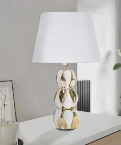 Lampe de table Glam Balls Céramique Blanche et Dorée abat-jour tissu Blanc