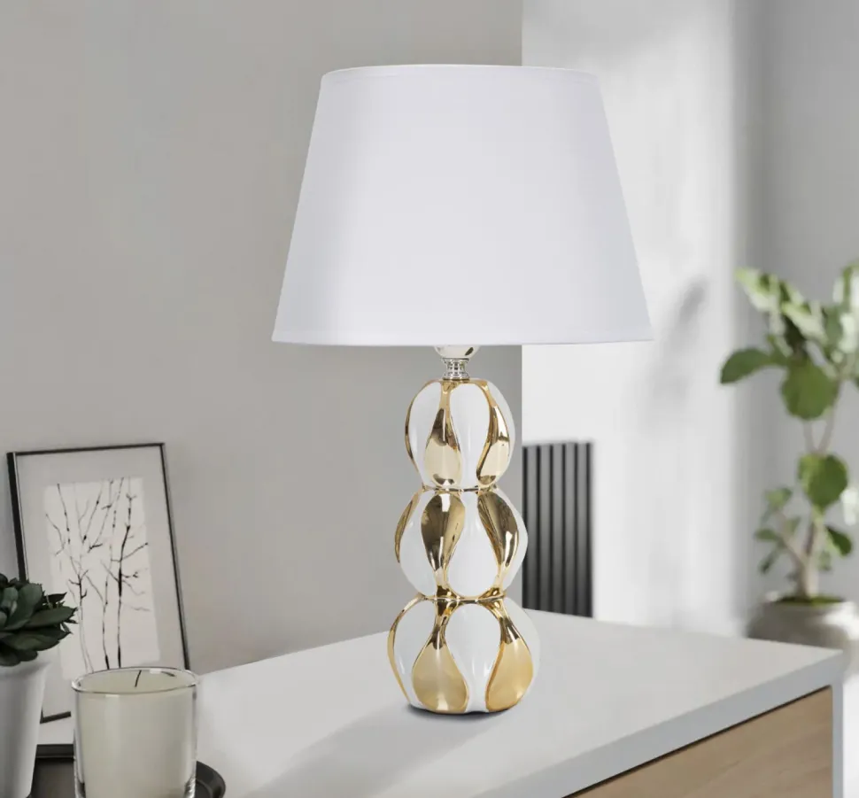 Lampe de table Glam Balls Céramique Blanche et Dorée abat-jour tissu Blanc