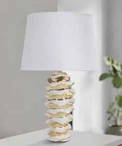 Lampe de table Glam Space Céramique Blanche et Dorée abat-jour Tissu Blanc