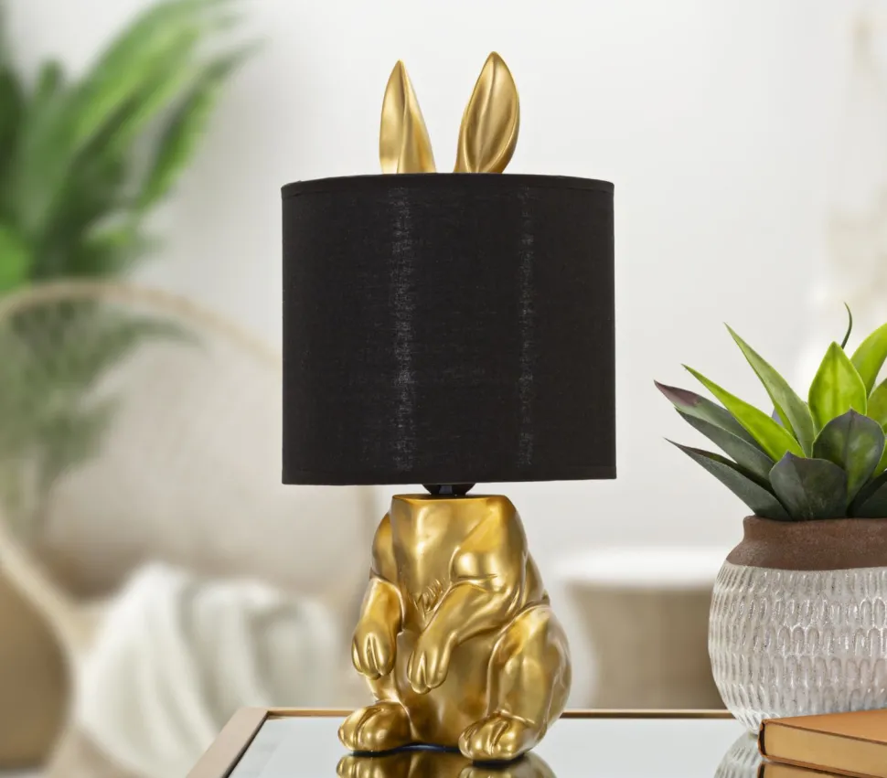 Lampe de table Lapin doré abat-jour tissu Noir