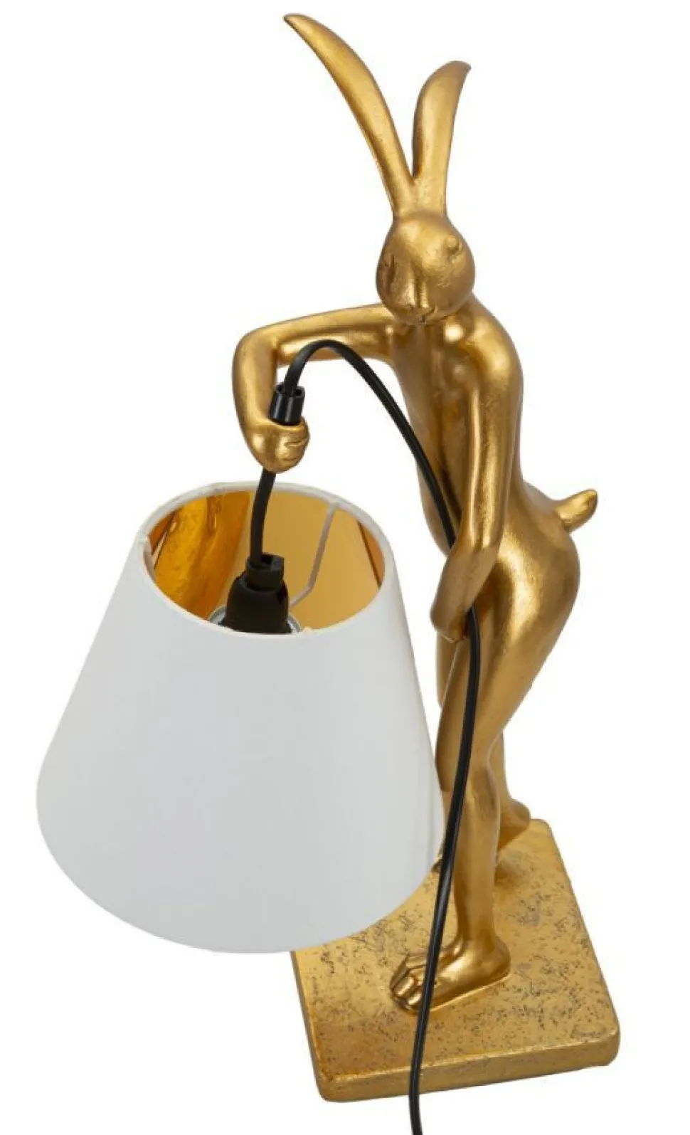 Lampe de table Lapin Polyrésine Dorée abat-jour Tissu Blanc
