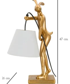 Lampe de table Lapin Polyrésine Dorée abat-jour Tissu Blanc
