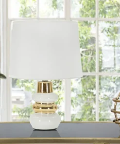 Lampe de table Liara Céramique Blanche et Dorée abat-jour en Tissu Blanc