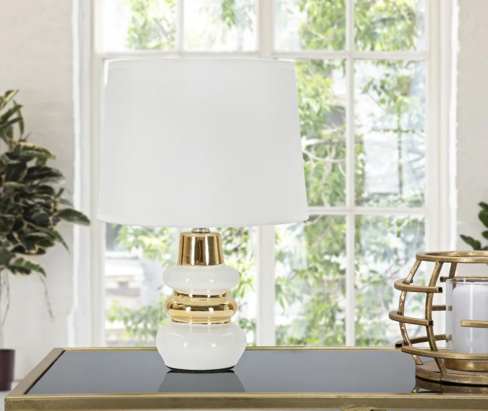 Lampe de table Liara Céramique Blanche et Dorée abat-jour en Tissu Blanc