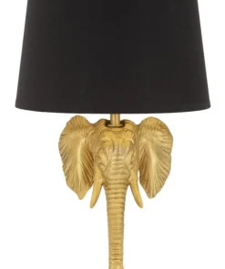 Lampe de table éléphant métal noir et abat-jour tissu noir