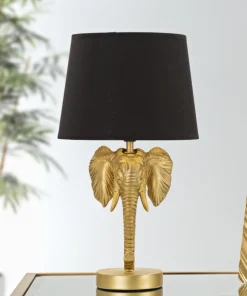 Lampe de table éléphant métal noir et abat-jour tissu noir