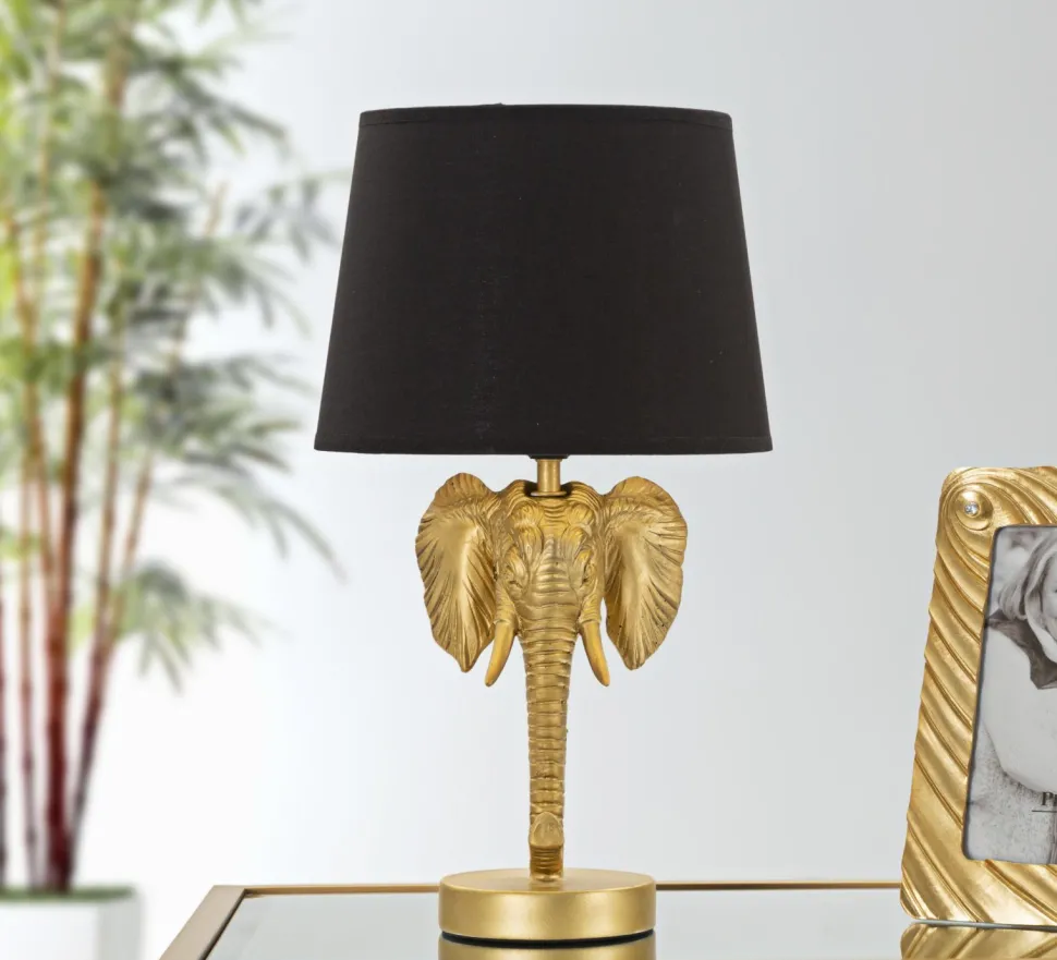 Lampe de table éléphant métal noir et abat-jour tissu noir