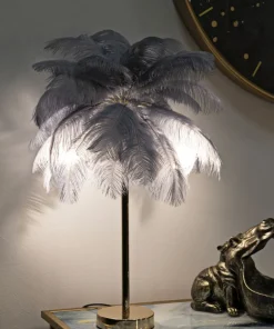 Lampe de table métallique doré abat-jour plumes blanches