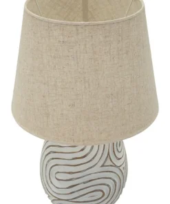 Lampe de table Oblix résine gravée blanche abat-jour tissu gris clair