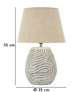 Lampe de table Oblix résine gravée blanche abat-jour tissu gris clair