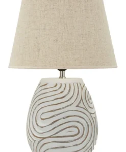 Lampe de table Oblix résine gravée blanche abat-jour tissu gris clair