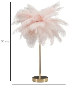 Lampe de table Palm métal doré et abat-jour plumes roses