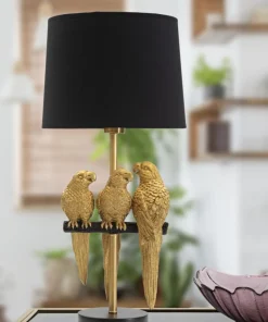 Lampe de table Perroquets métal doré abat-jour tissu noir