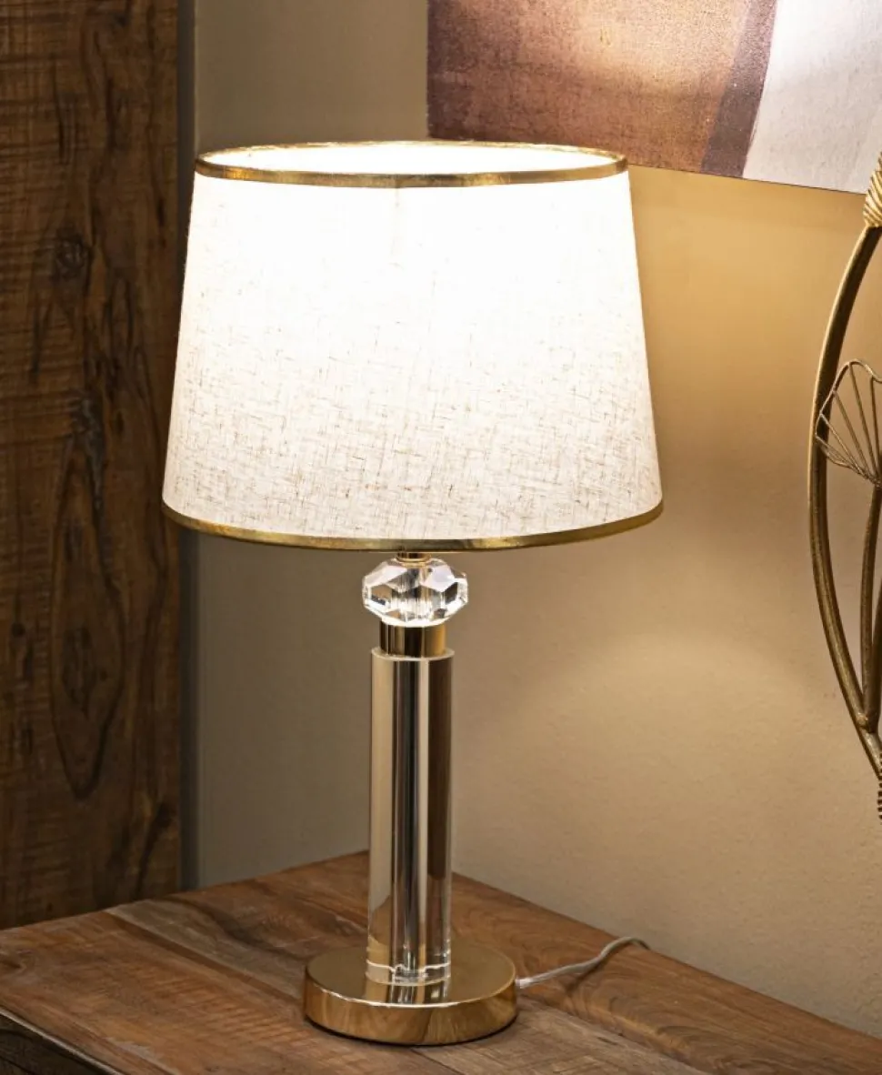 Lampe de table Praga métal doré abat-jour tissu beige bordure dorée