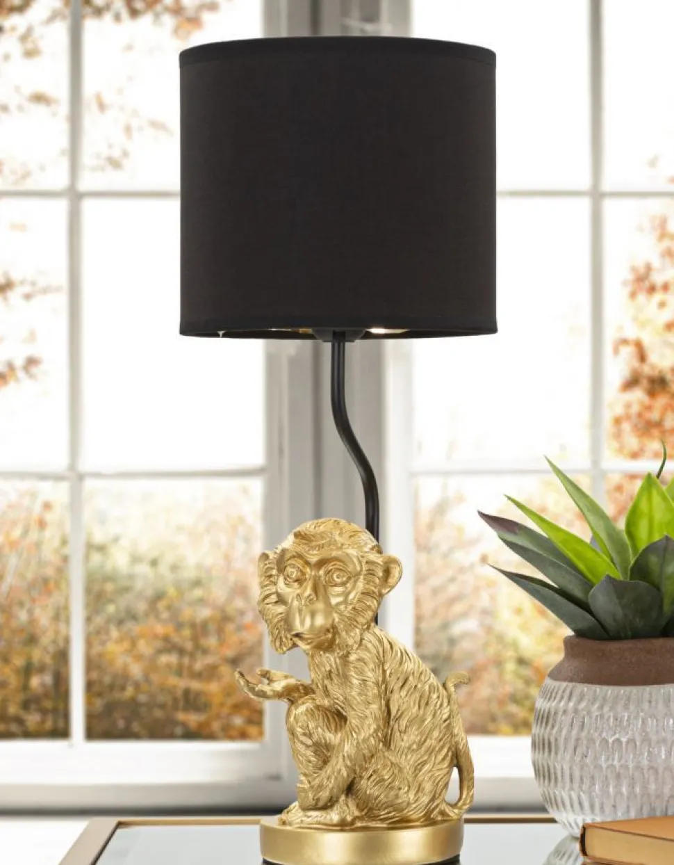 Lampe de table Singe doré abat-jour Tissu Noir