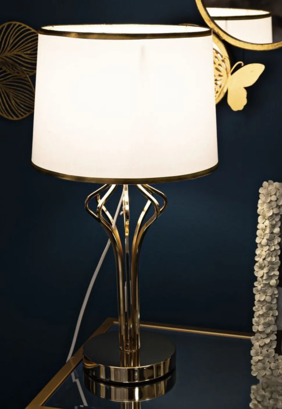 Lampe de table Slimmy Métal Doré abat-jour Tissu Blanc et finitions Dorées