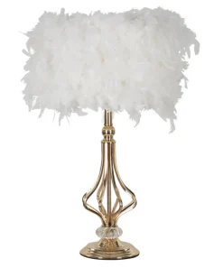 Lampe de table Tarty métal doré abat-jour plumes synthétiques blanches