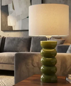 Lampe de table Torr céramique émaillée vert olive abat-jour clair