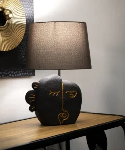Lampe de table Tribal Polyrésine Noir abat-jour Tissu Gris