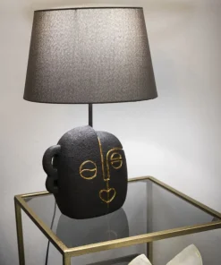 Lampe de table Tribal Résine noire abat-jour Tissu gris