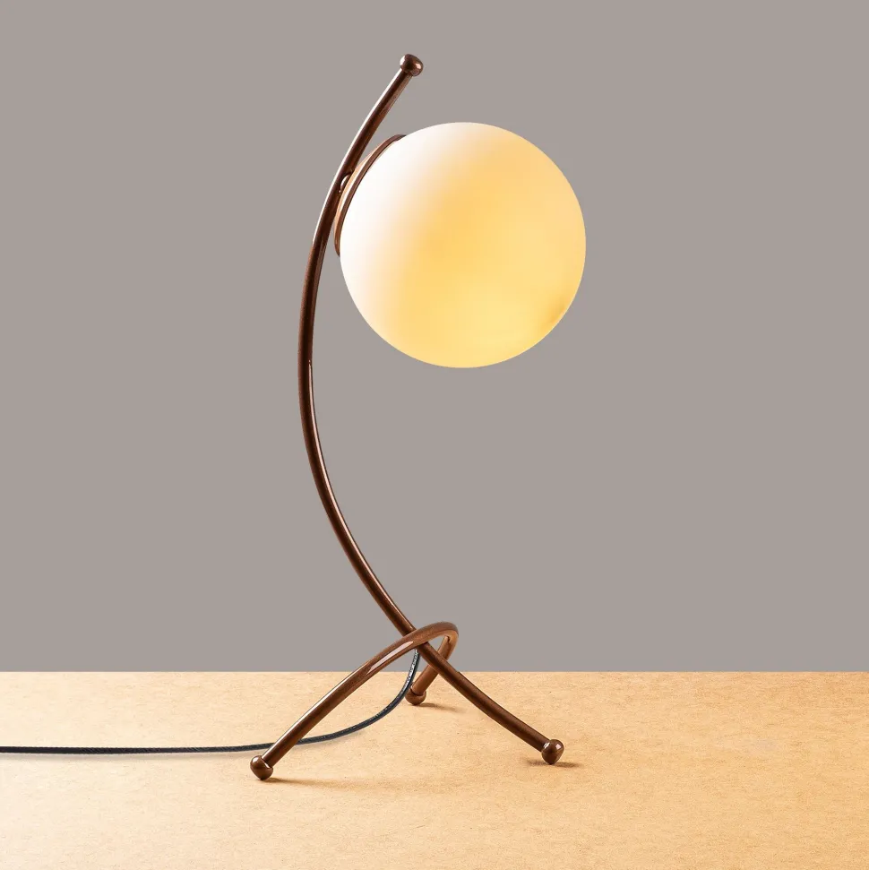 Lampe de table trépied arcs Bulla 43cm Verre Blanc et Métal Or rose