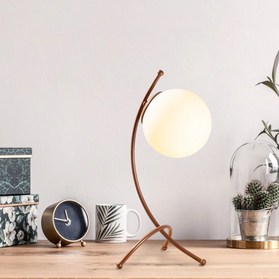 Lampe de table trépied arcs Bulla 43cm Verre Blanc et Métal Or rose