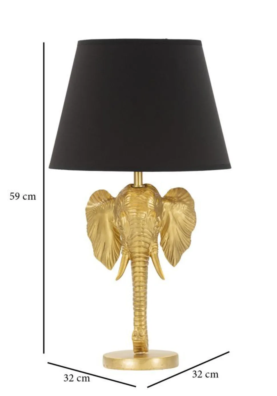 Lampe de table tête d'éléphant en métal noir abat-jour tissu noir